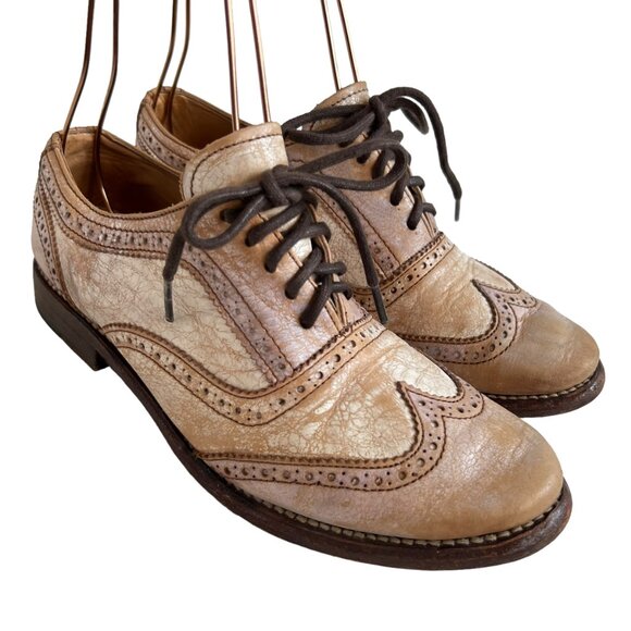 Bed Stu oxfords Lita 7 beige crackled distressed leather wing tip lace up flat - Picture 3 of 11